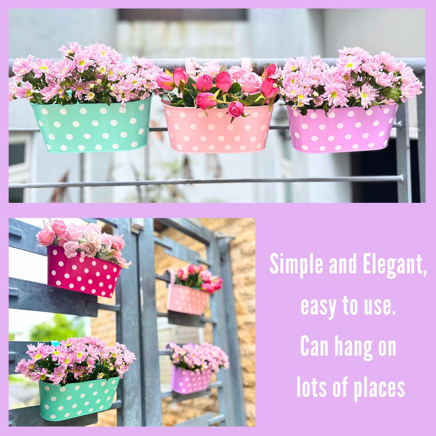 LaLaGreen Bundle - 6 Pack, 11.2 Inch Black + 6 Pack, 11.8 Inch Polka Dot Metal Iron Hanging Flower Pot Wall Mount Deck Railing Window Fence Bucket Box Plant Holder Modern Patio Porch Garden Decor