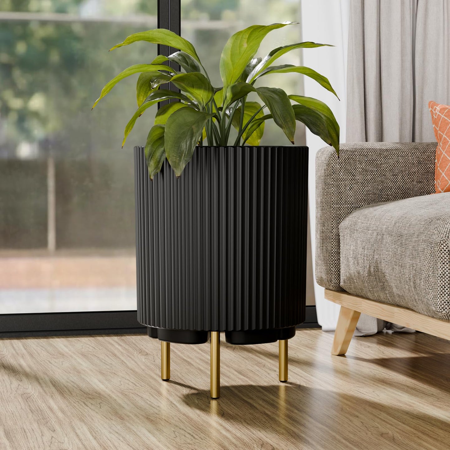 FONTOI 20.3'' Planter Stand, Plastic Striped Planter Stand with 3 Holder, Round Plant Stand for Outdoor/Indoor Planters, Plant Stand for Tall Plants Porch Decor, Black