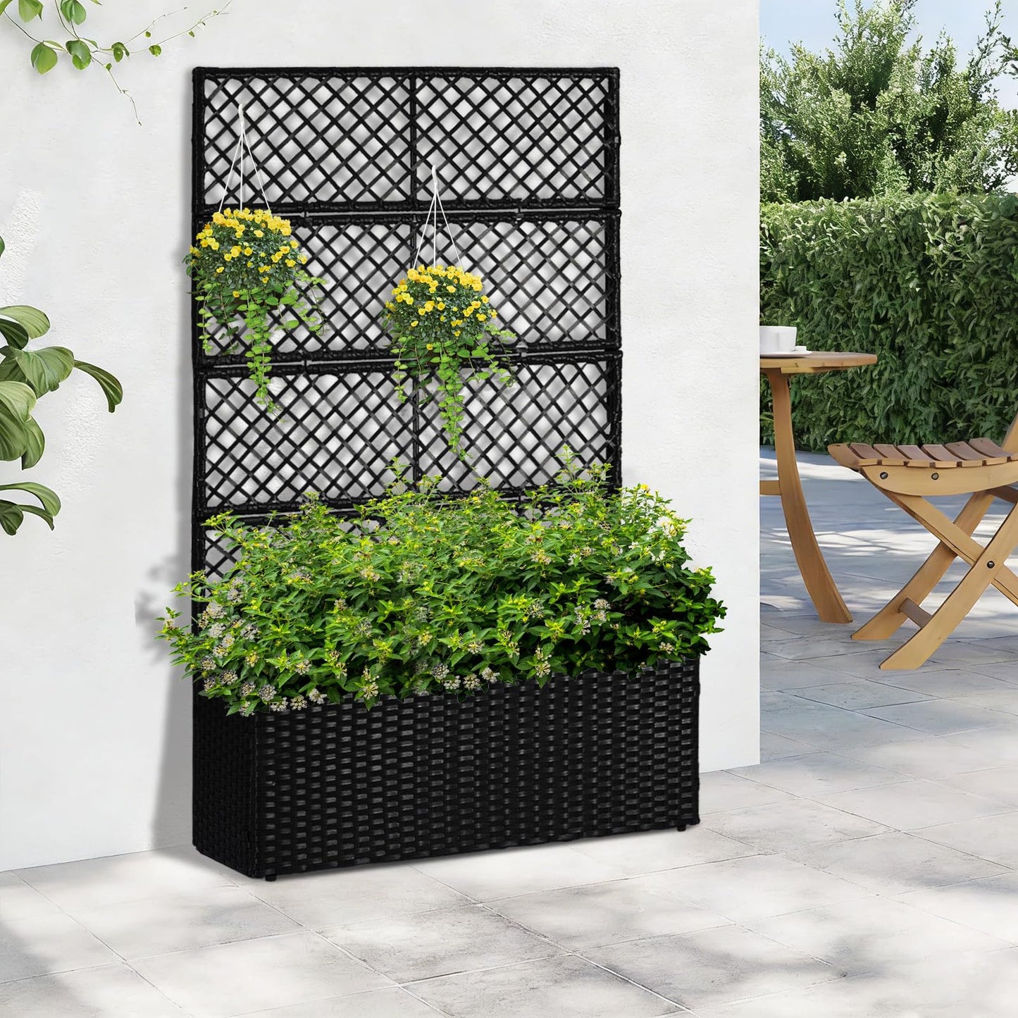52’’ H Garden Planter Box with Trellis Outdoor for Vine Climbing Plants, Flowers Handwoven Rattan Garden Bed with Removable Liners for Backyard Patio Balcony
