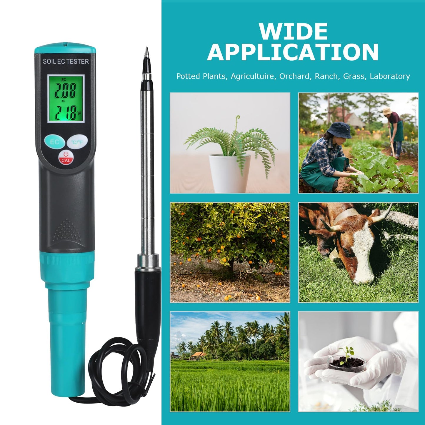 Digital Soil EC Meter 2-in-1 Porfessional Plants EC Temperature Tester Meter with Corded Sensor, Backlight LCD Display, Temperature Compensation, Easy Calibration for Soil Plants Lawn Nutrient Test