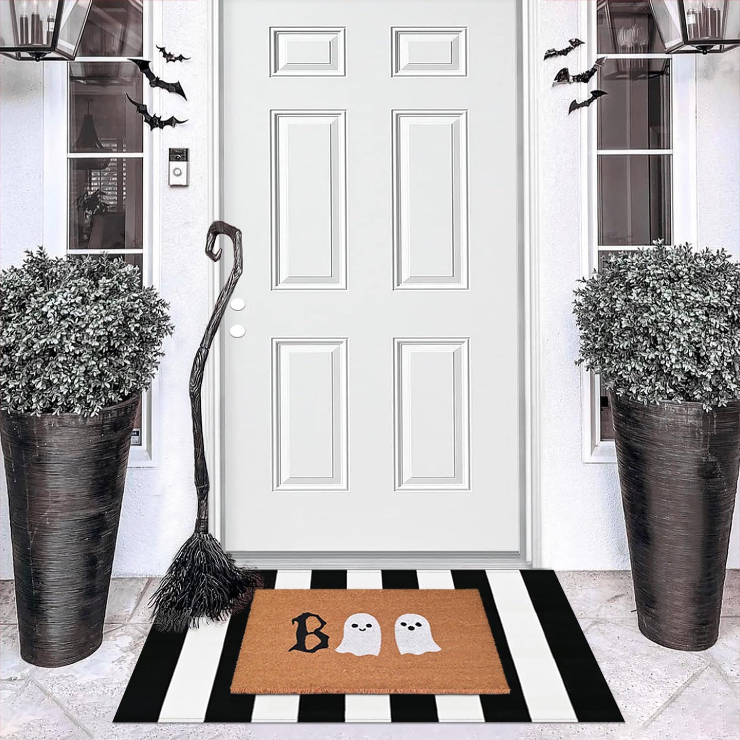 Halloween Door Mat Combo Set, Boo Ghost Coco Coir Welcome Doormat + 28" x 43" Black and White Plaid Rug, Autumn Halloween Front Porch Entryway Decor Floor Mat