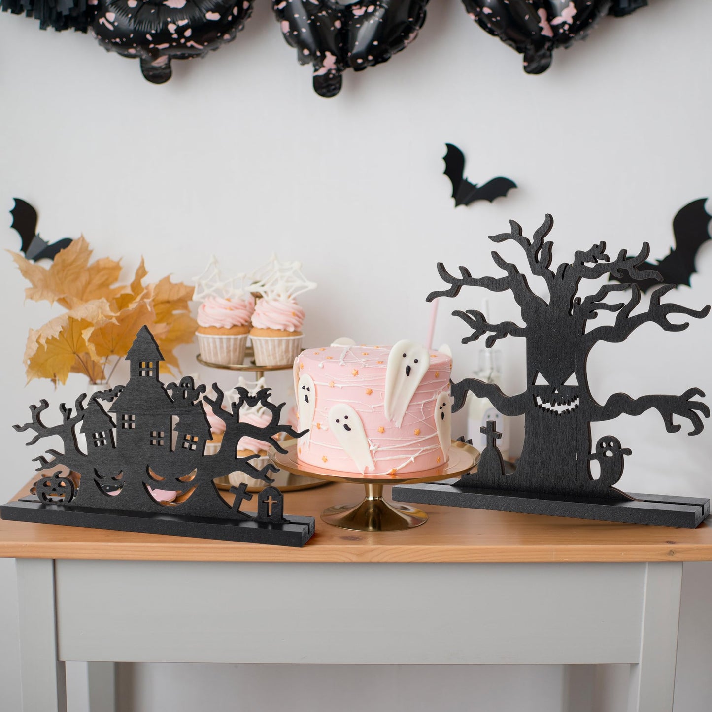 WATINC Halloween Wooden Centerpiece Decoration - 3Pcs Silhouette Haunted House Tree Wood Tabletop Decor, Black Sketch Horror Pumpkin Boo Detachable Tiered Tray Sign Table Topper for Home Kitchen Party