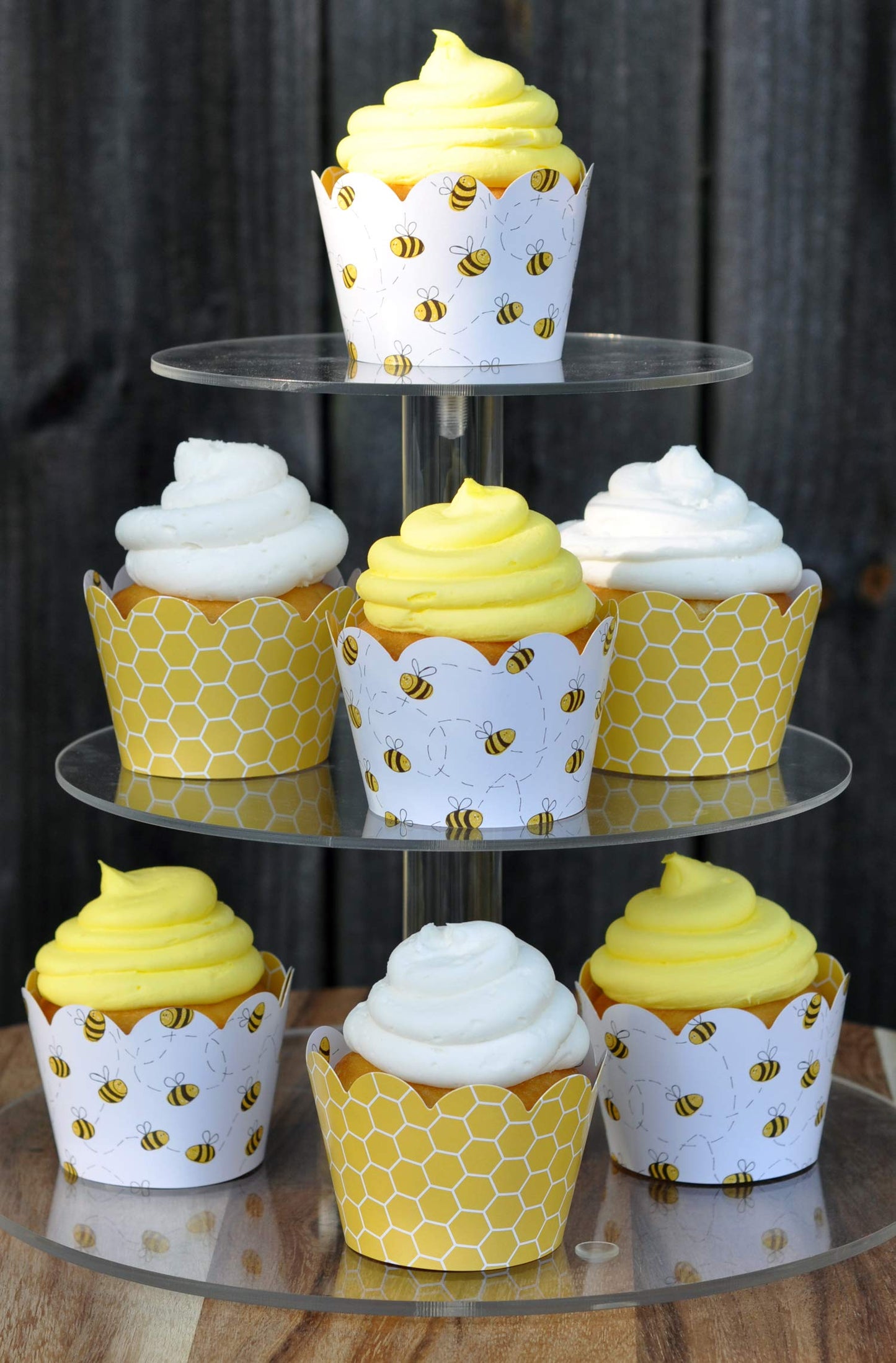Honey Bee Cupcake Wrappers for Gender Reveal, Birthday Parties, Bridal Showers, Baby Showers, or Backyard Summer gatherings. Set of 24 Honey Bee Scalloped Cup Cake Holder Wraps. Yellow, Black