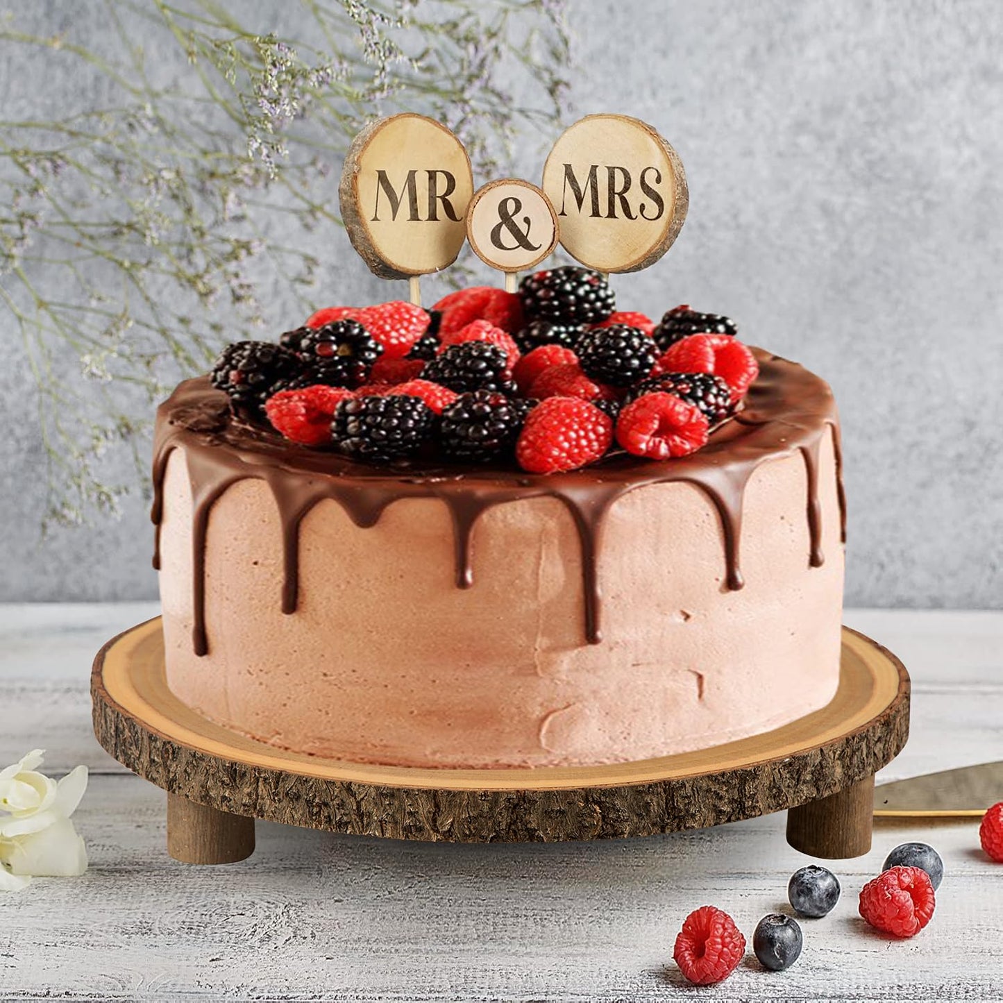 SogYupk Rustic Wood Cake Stand - 11-13 Inch Wooden Slice with Legs for Elegant Wedding, Birthday, & Woodland-Themed Parties(1Pcs)