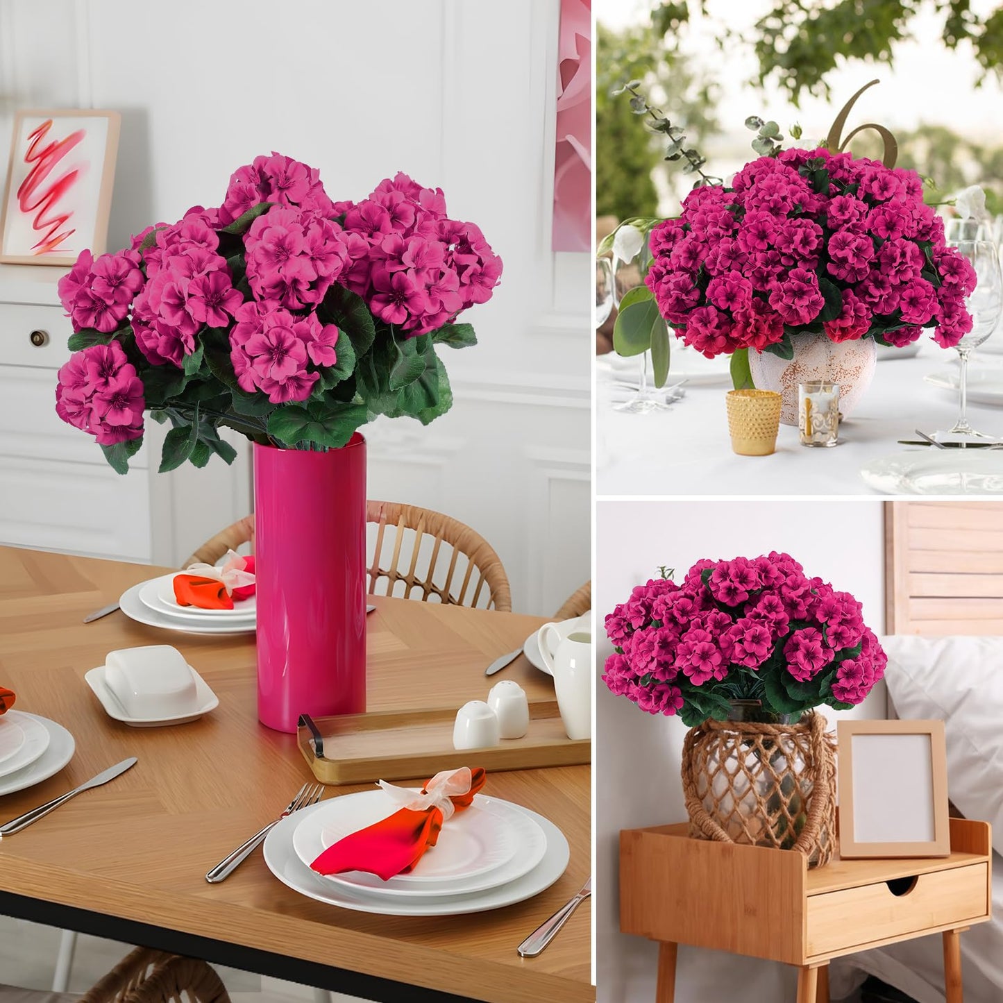 Hananona 6 Pcs Artificial Geranium Flowers for Outdoors Geraniums Silk Flowers Outdoor UV Resistant Garden Plants Faux Flowers for Home Kitchen Table Centerpieces Decor (6, Rose Red)