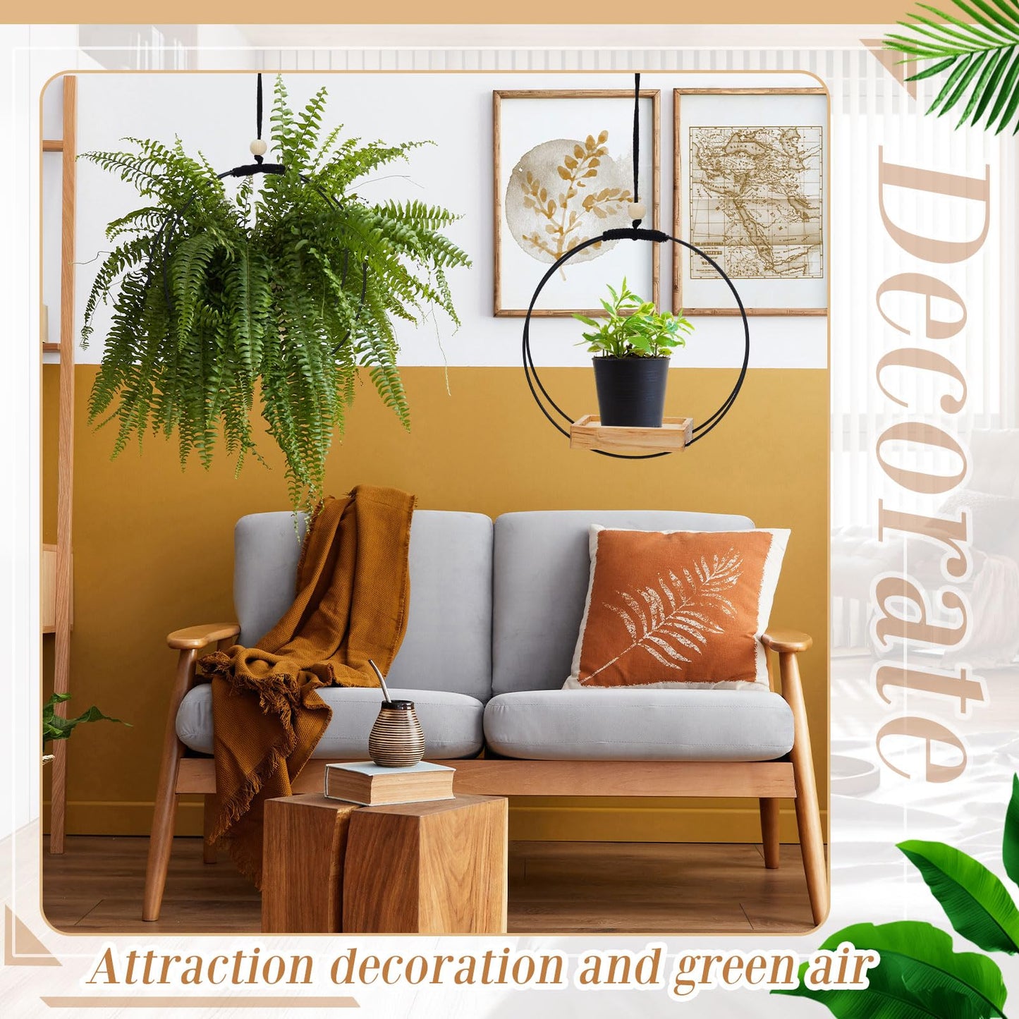 Geelin 4 Pack Plant Hanger with Wood Base Hanging Window Planter Boho Macrame Hanging Potted Plant Holders for Indoor Outdoor Window Wall Ceiling Home Decoration, Pot & Sapling Not Included (Khaki)