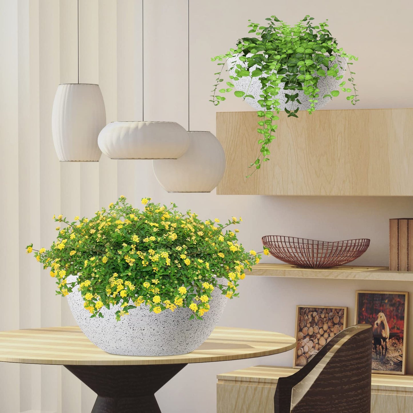 WOUSIWER 13 inch 2Pack Large Hanging Planters for Outdoor Indoor Plants with Drainage Holes and Chain, Round Hanging Flower Pots for Garden Home Porch Decor, White Speckles