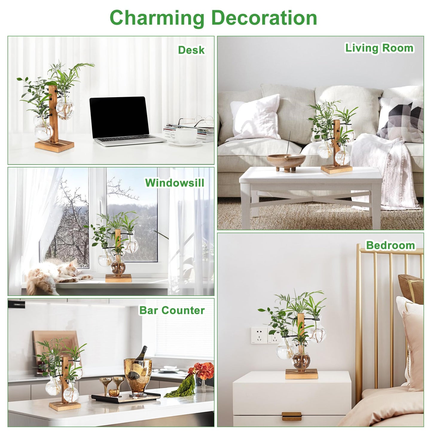 PAG-Mass Plant Propagation Station with 4 Glass Vases & Wood Stand, Hydroponic Air Planter for Indoor Plants, Unique Gardening Gift for Women & Plant Lovers, Desktop Terrarium for Home Decor