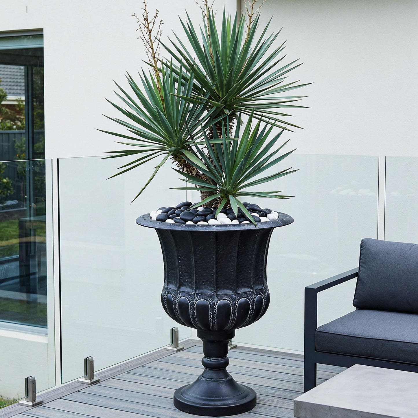 Worth Garden 25" H. Metal Urn Planters 2-Pack - Black Traditional Classic Iron Plant Pots - Large Decorative Rustic Flower Container for Patio, Front Porch, Outdoor Use