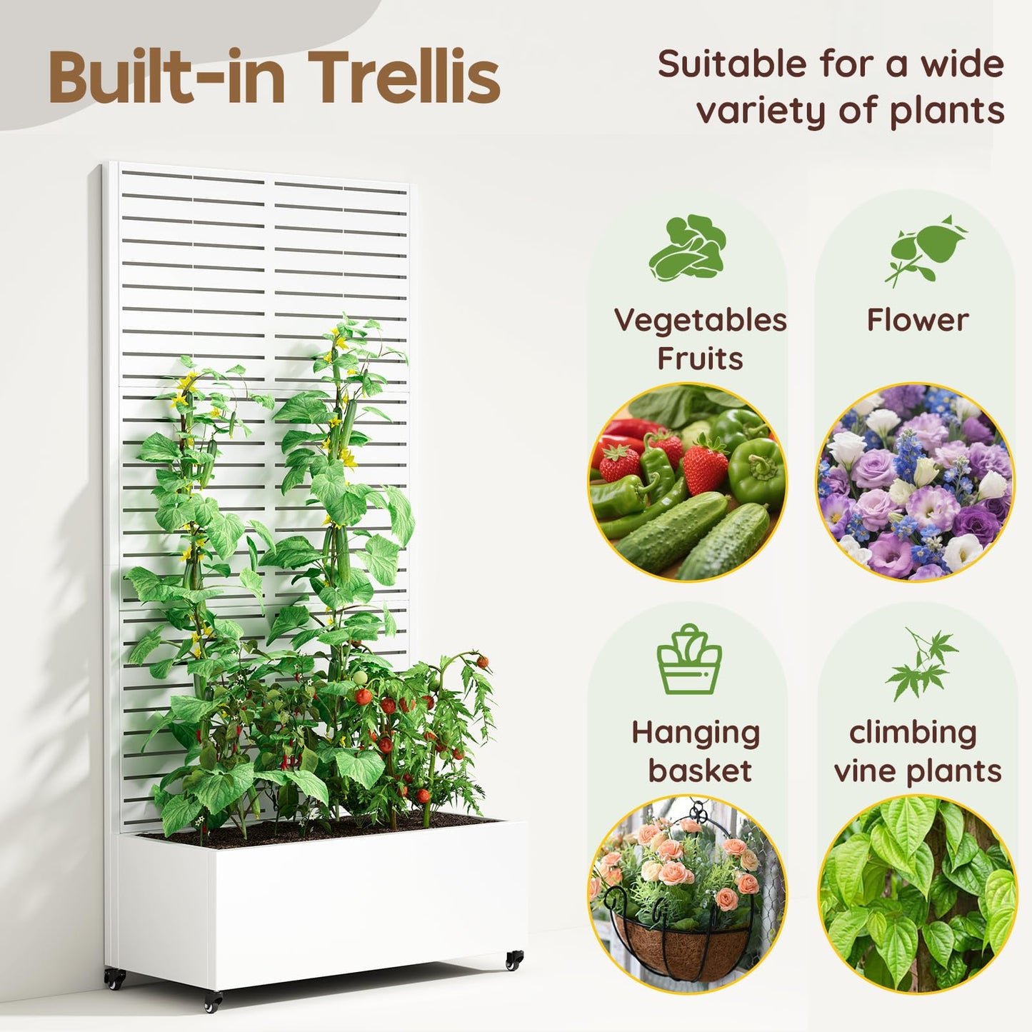 Metal Planter Box with Trellis,72"x35"x15",Privacy planters for Patio,Raised Garden Bed Trellis Outdoor Planter with Wheels and Drainage Holes,for Climbing Vegetables,Flowers,Vines,White