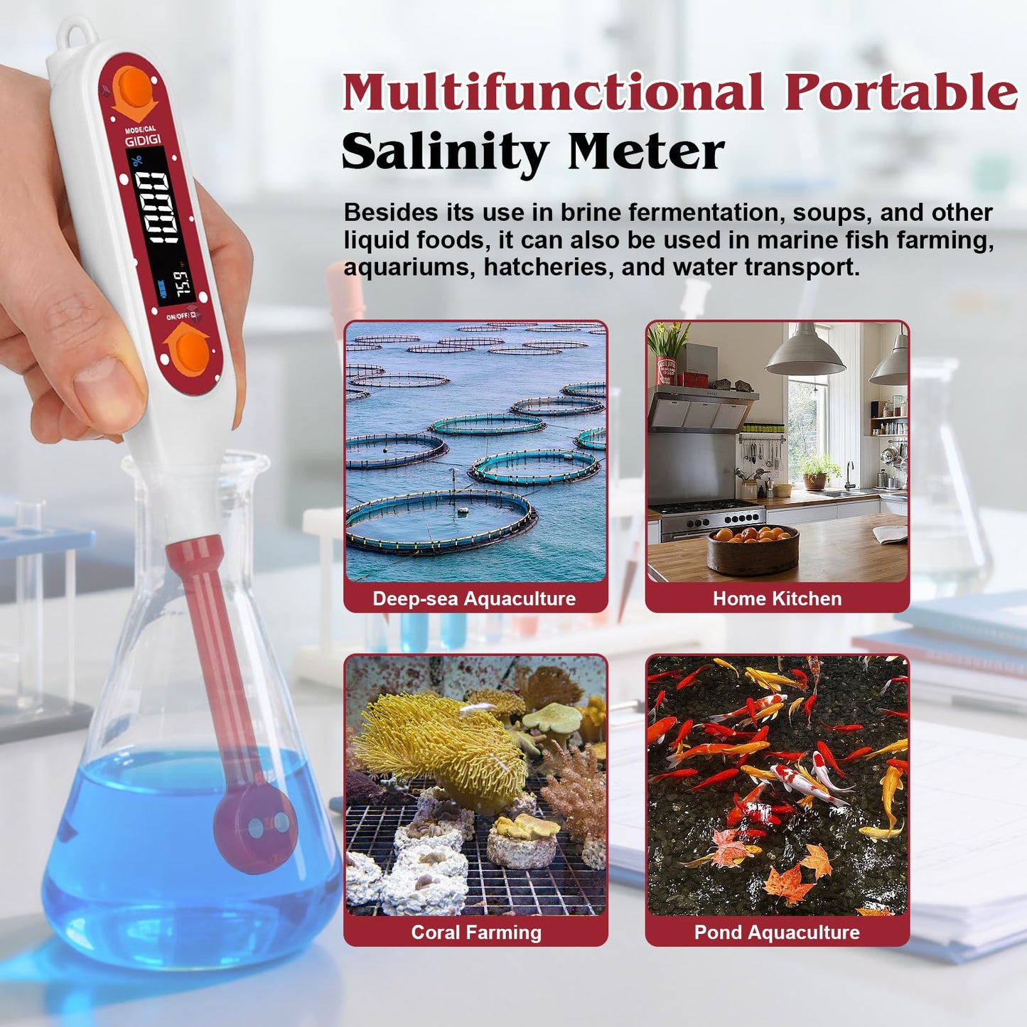 GIDIGI Salinity Meter Food Digital Salt Tester Portable Salinometer Reader Measure Salt in Fermenting Hot Soup Cooking Water Salty Food Liquid EC TDS Meter Hydrometer for Lab Water Test Aquaculture