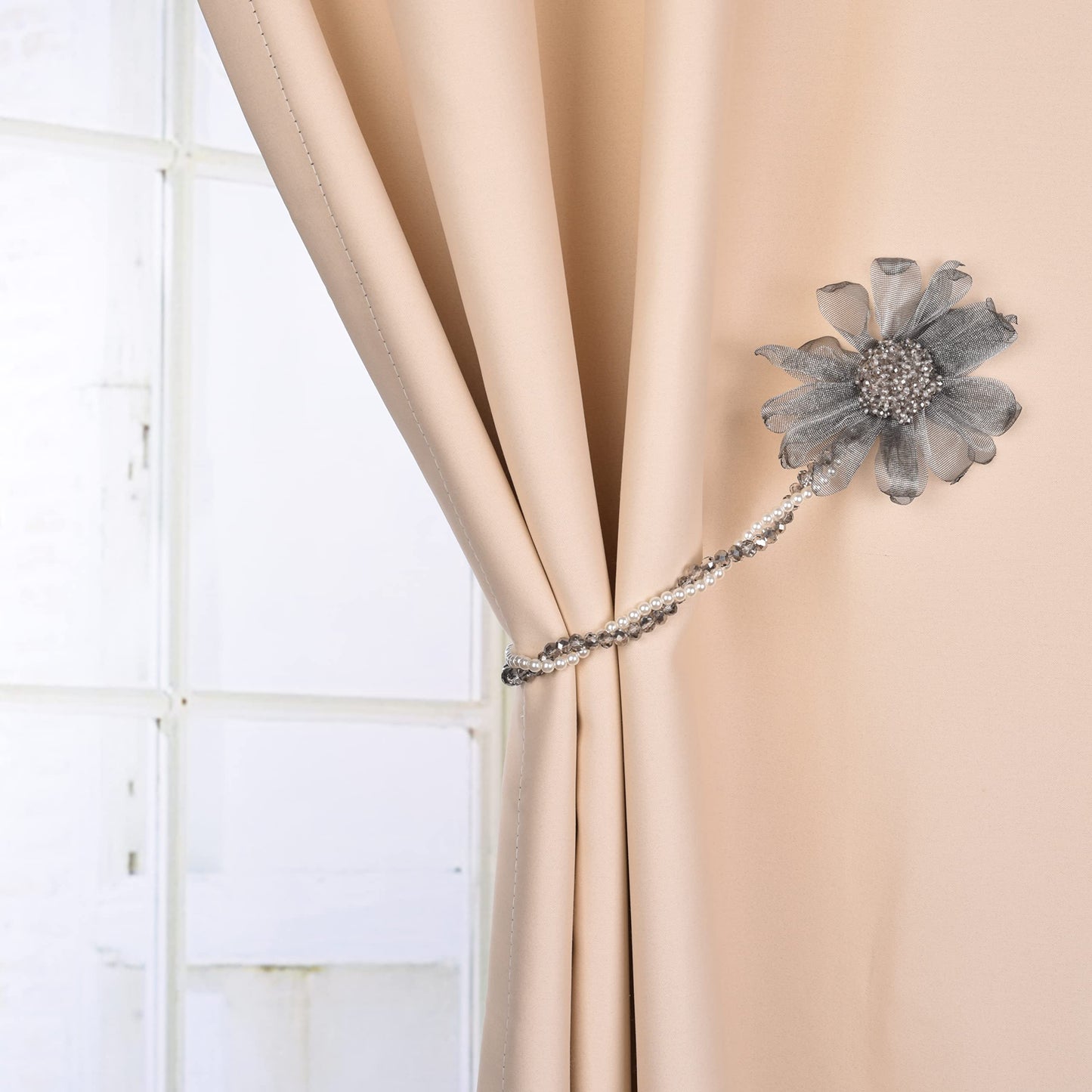 SUQ I OME 2 Pack of Handmade Crystal Pearl Beaded Magnetic Flower Curtain Tieback Holdback for Drapes(Gray