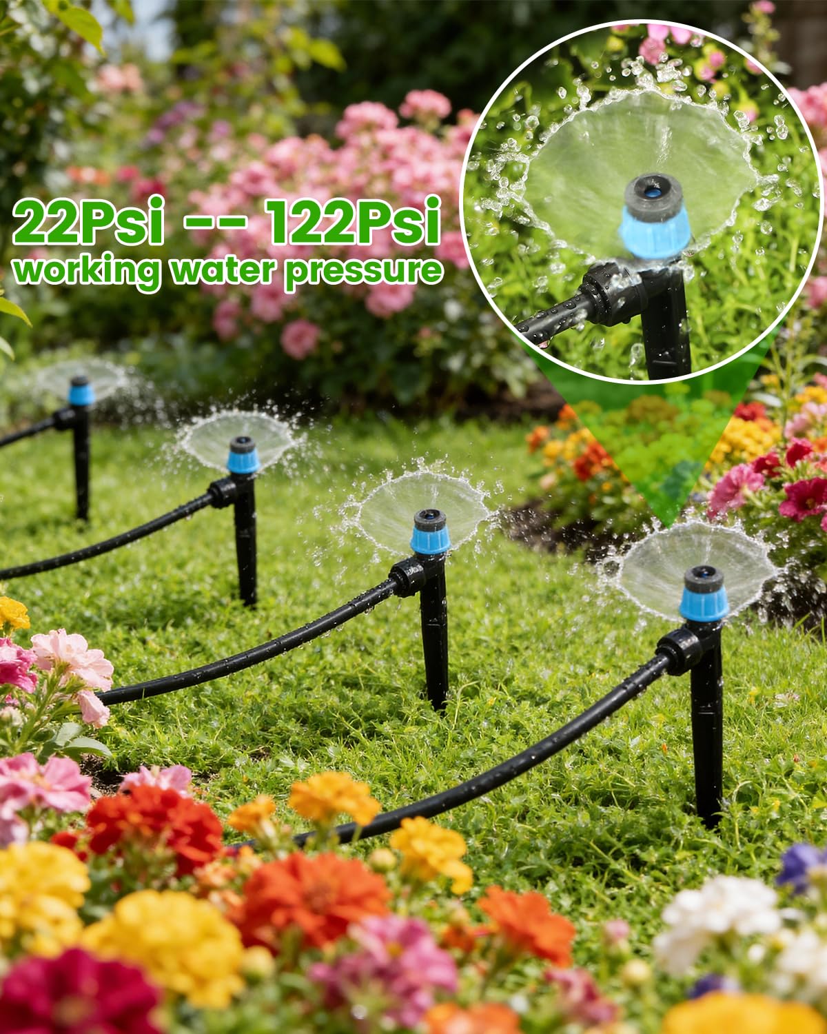 Landtouch 72Pack Drip Irrigation Parts, Quick Connect 1/4" Adjustable 360° Emitter Sprinklers with 6" Stake, Easy-Clean for Garden & Farm Irrigation Systems