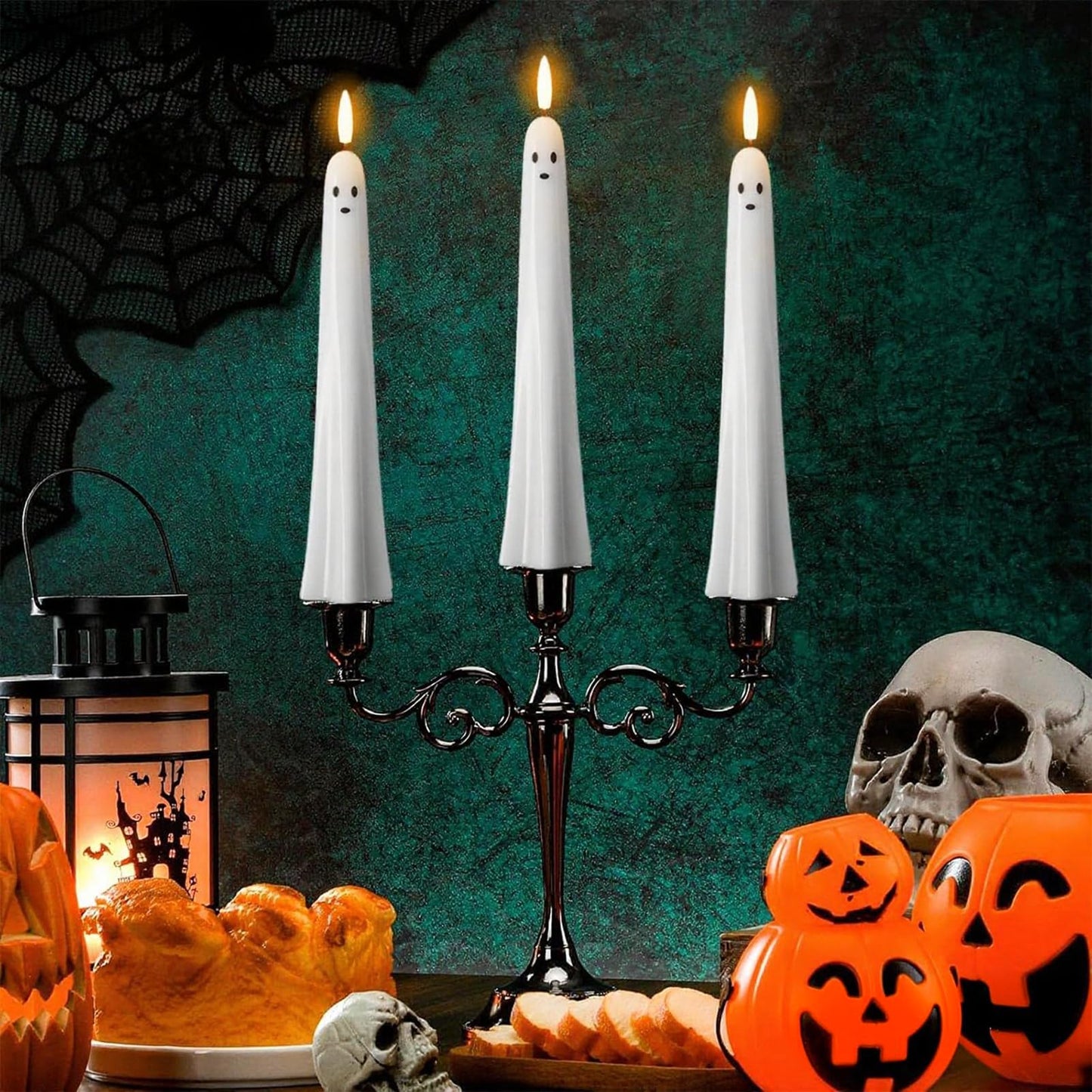 Eldnacele Ghost Halloween Flameless Taper Candles Battery Operated with Remote Timer Set of 2 White LED Flickering Candle Real Wax 3D Wick Long Lasting Spooky Dinner Indoor Decor(0.79" D x 9.5" H)