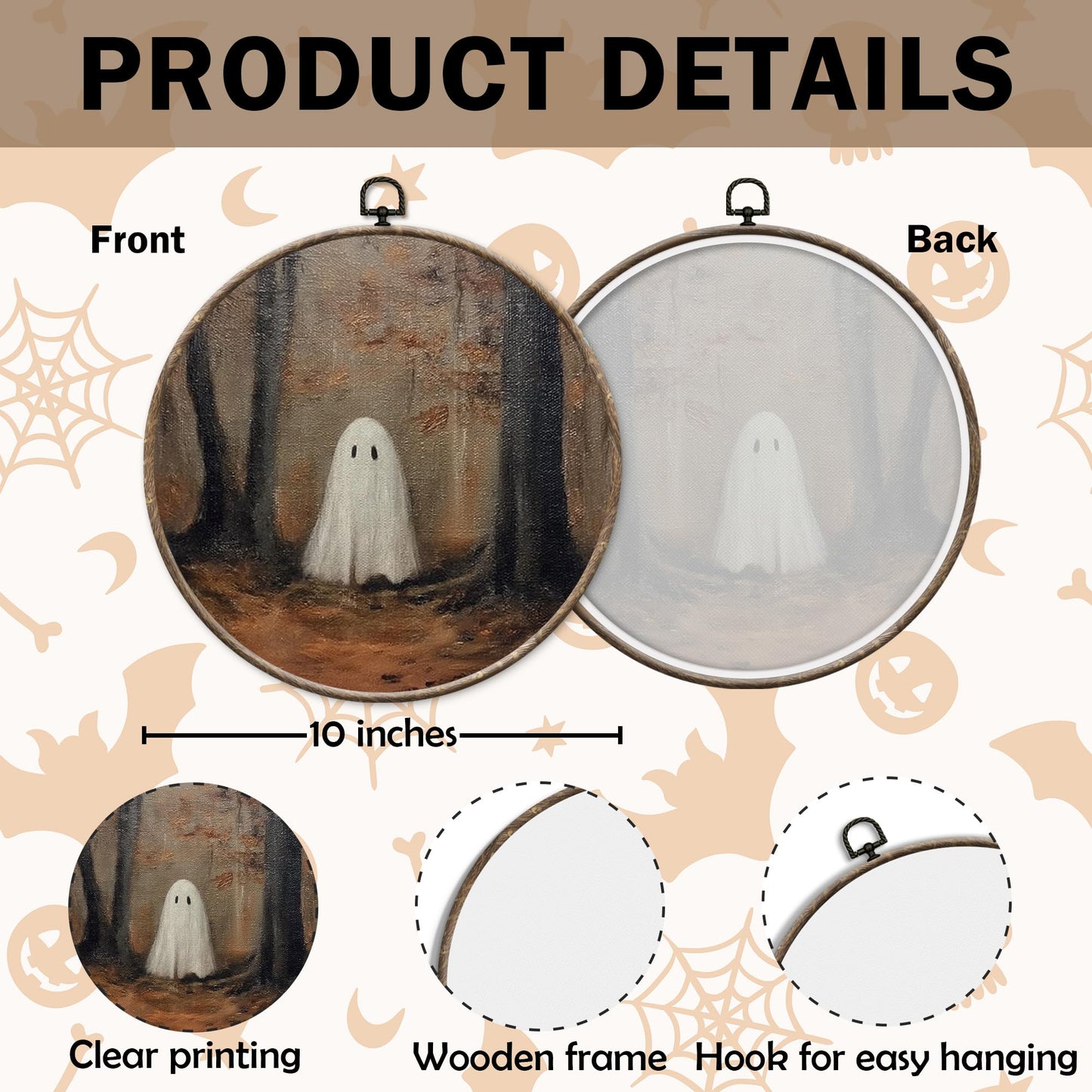 Yorhifa Halloween Ghost Framed Wall Art, Spooky Ghost Aesthetic Round Wall Art, Rustic Fall Forest Round Walls Decor, Farmhouse Gothic Circle Canvas Artwork Hanging Decor, 10x10in