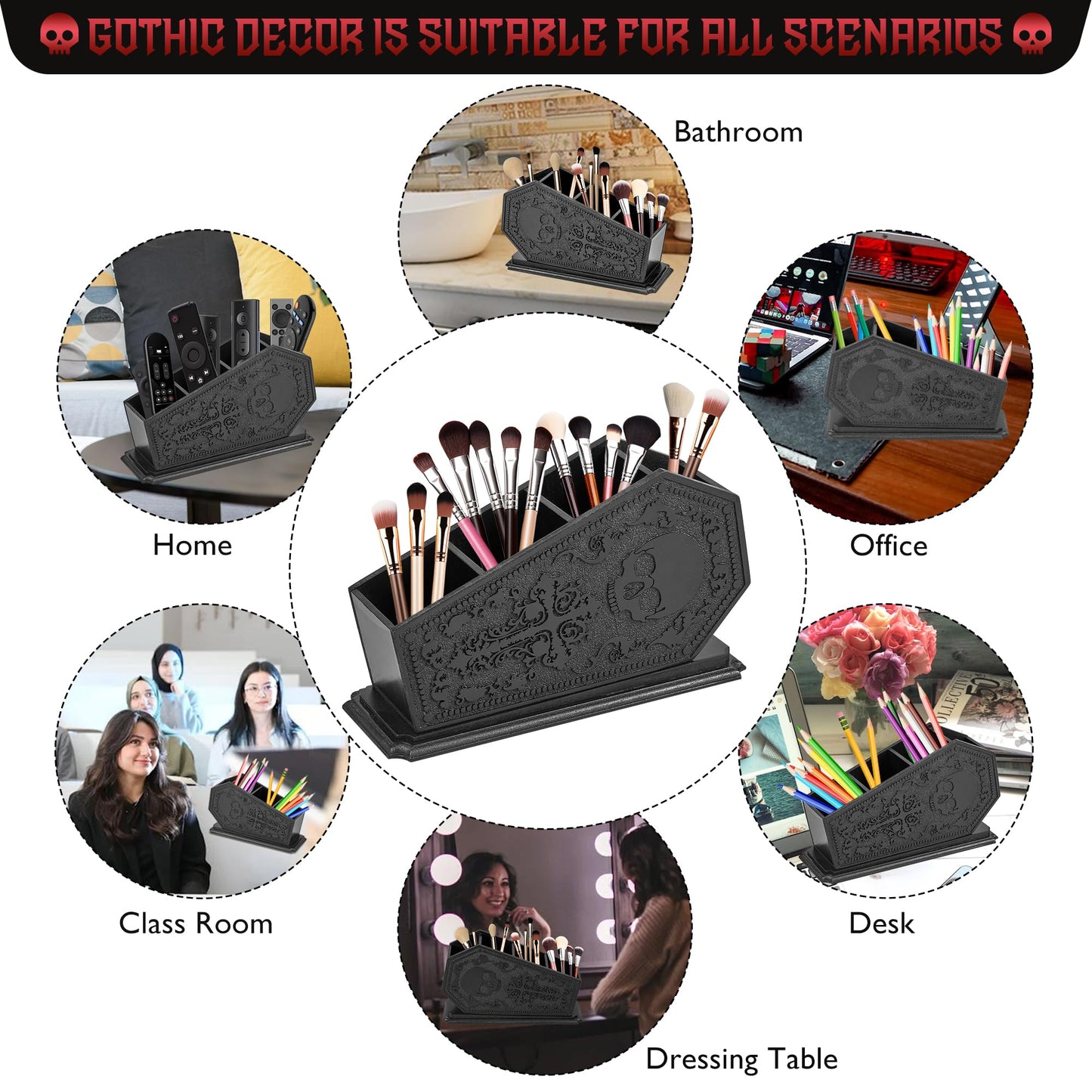 Gothic Coffin Decor Makeup Brush Holder,Spooky Witchy Gifts for Women,Skull Cosmetic Display Cases,Goth Decor Pen Holder, Vanity, Desk, Office Organizer for Christmas Bedroom Bathroom (Black)