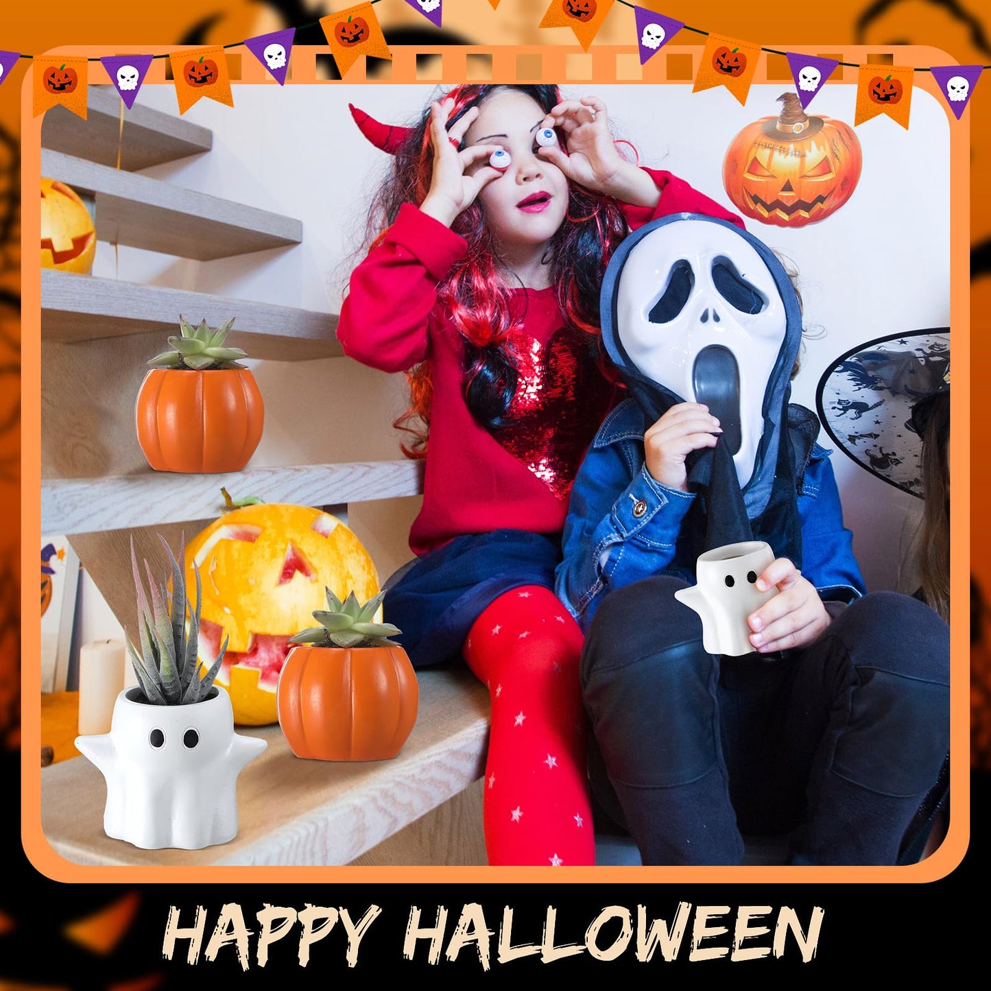 Newtay 4 Pack Halloween Pumpkin Ghost Planter 3 Inch Halloween Succulent Pots Bucket Vase Gifts Resin Small Flower Pots for Home Office Party, Plants Not Included