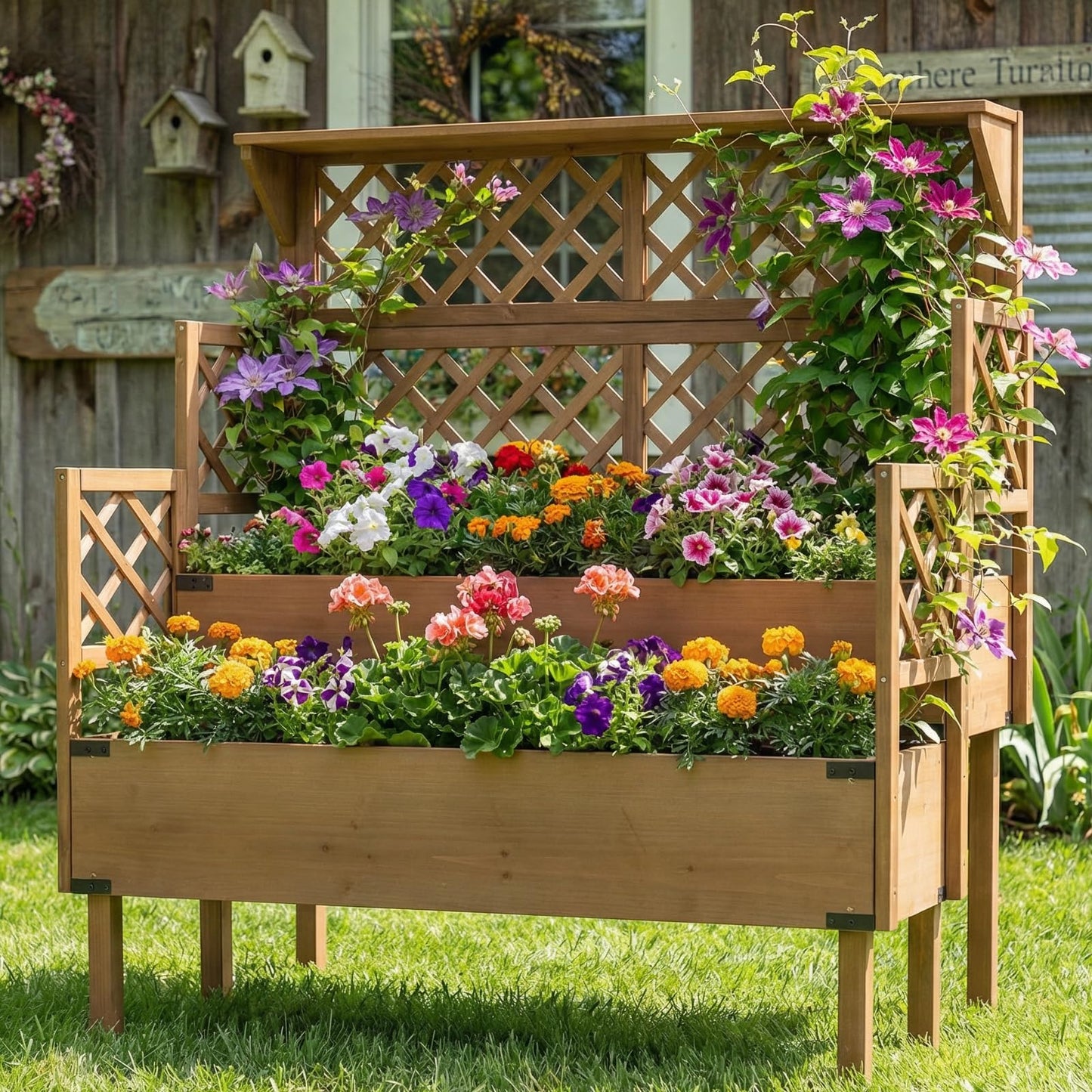 Raised Garden Bed with Trellis, 2-Tier Elevated Planter Box, Wooden Outdoor Planter for Vegetables Herbs Flowers, Lattice Back for Climbing Plants, Modern Minimal Design for Patio Balcony Backyard