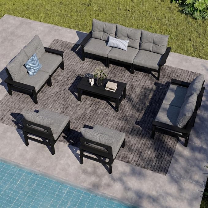 37.6 Inch HDPE Patio Coffee Table, Weather-Resistant Outdoor Coffee Table Easy Assembly for Lawn, Garden, Balcony, Deck (Black Frame)