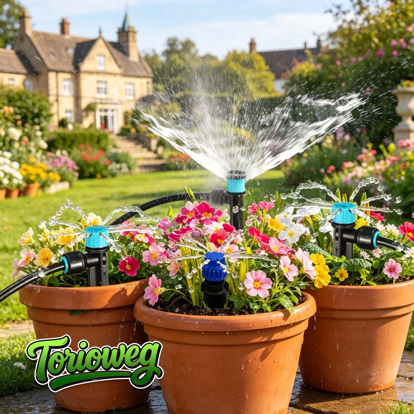 Torioweg Brass Connector Drip Irrigation System, Quick-Connect Garden Watering System Kit with Adjustable 360° Umbrella & Drip Emitters for Greenhouse, Garden Grid, Lawn, Potted Plant (15FT+ 50FT)