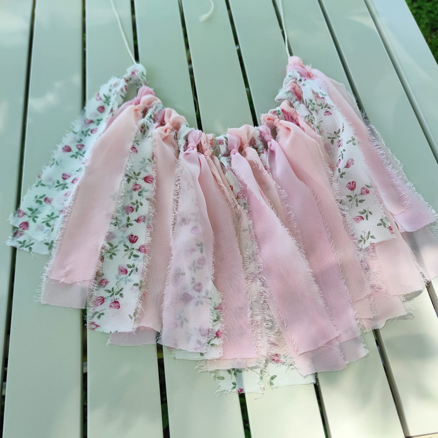 Mybbshower Pink Floral Tsaasel Garland for Wedding Spring Tea Party Haning Chiffon Tassel Banner Table Decor