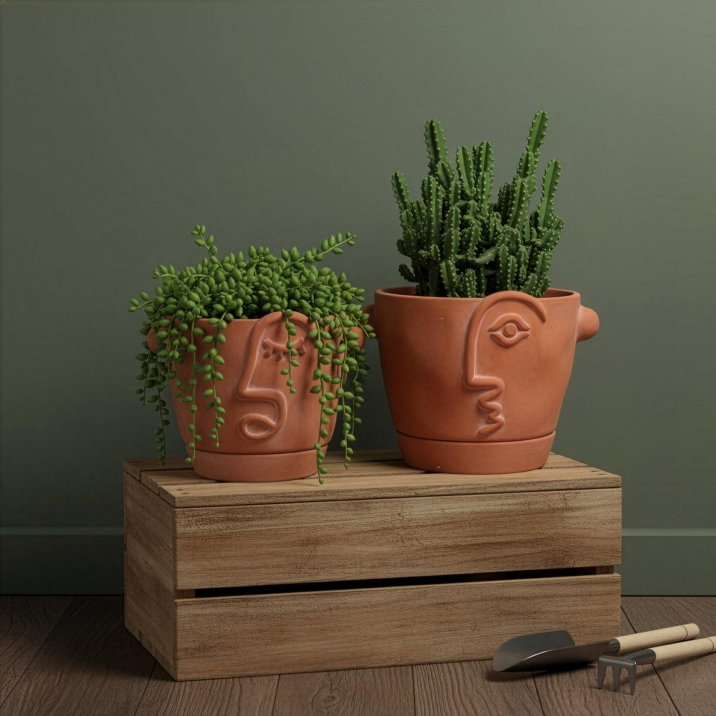 HERDUK 6 Inch Terracotta Abstract Face Planter with Drainage & Saucer – Artistic Ceramic Flower Pot for Indoor Plants, Boho Home Decor, Unique Gift for Plant & Art Lovers