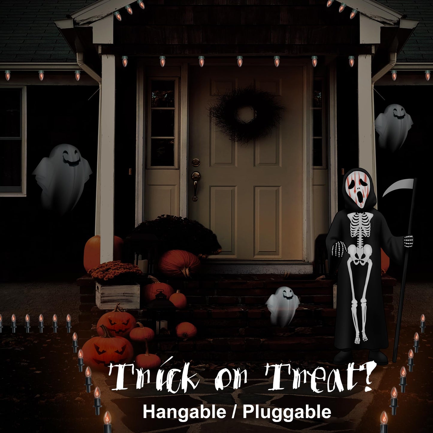 TIORIY 24.2ft Flickering Flame Pathway Halloween Light Decoration Outdoor, C9 String Lights Halloween Decor with Stakes, Waterproof 20 Flicker Lights for Garden, Party, Green Wire