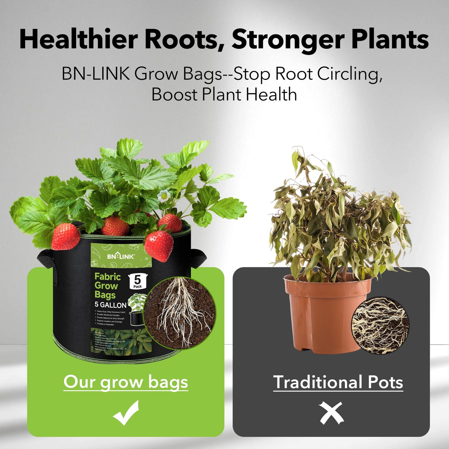 BN-LINK 5-Pack 5 Gallon Grow Bags, Heavy Duty Aeration Fabric Pots with Handles, Thickened Nonwoven Plant Bags for Vegetables, Flowers, Fruits