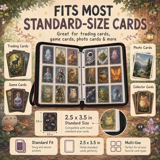 1008 Cute Card Binder 9 Pocket, 3-Ring Trading Card Binder with 56 Page Removable Sleeves, High Storage Waterproof Trading Card Holder Collection Card Album Organizer Case for TCG Cards - Coal