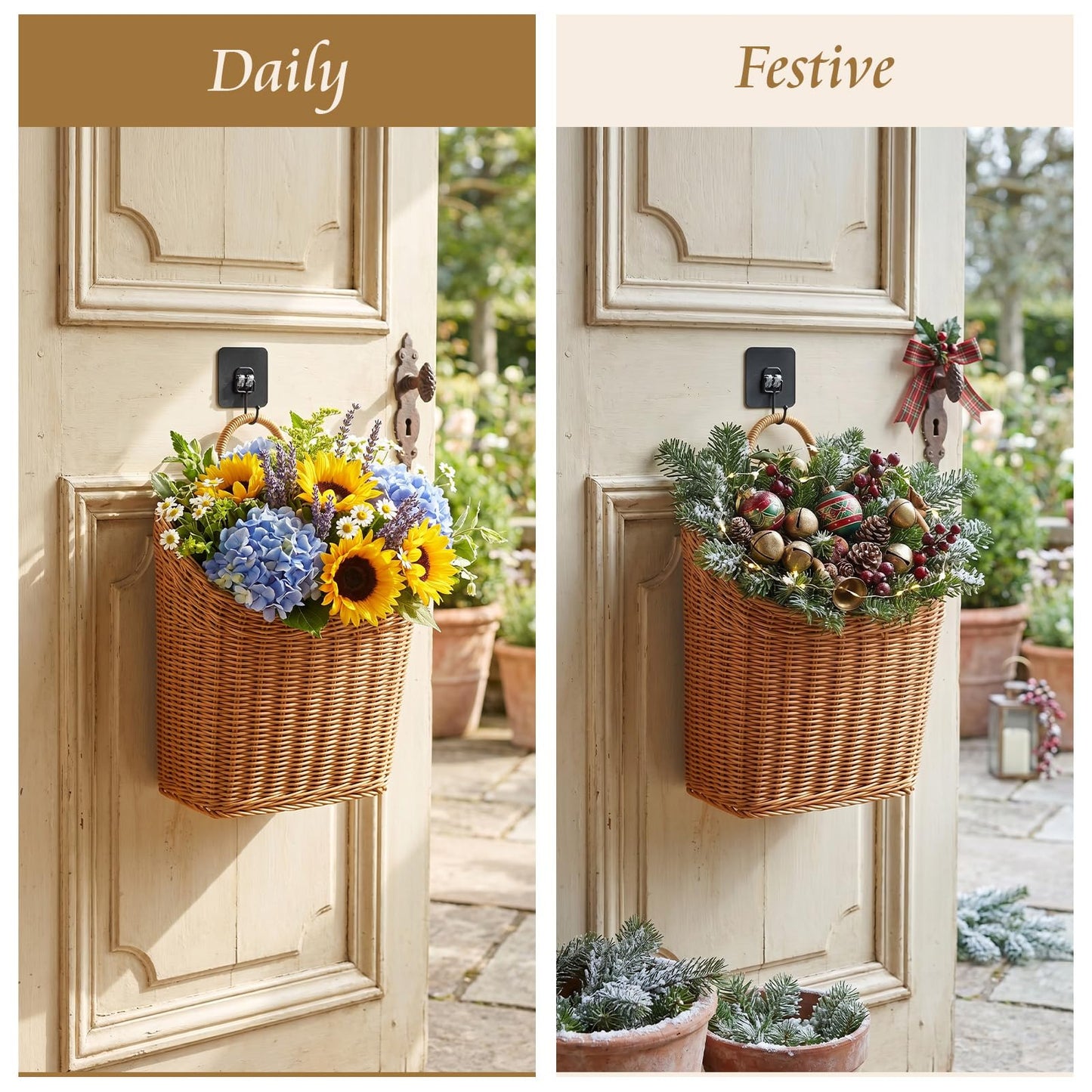 MIPON 2 Pack Handmade Woven Hanging Wicker Basket, Waterproof Plastic Rattan Wall Mounted Organizer, Small & Large Storage Baskets for Bathroom, Kitchen,Entryway,Farmhouse Decor,Flower,Mail, Plant