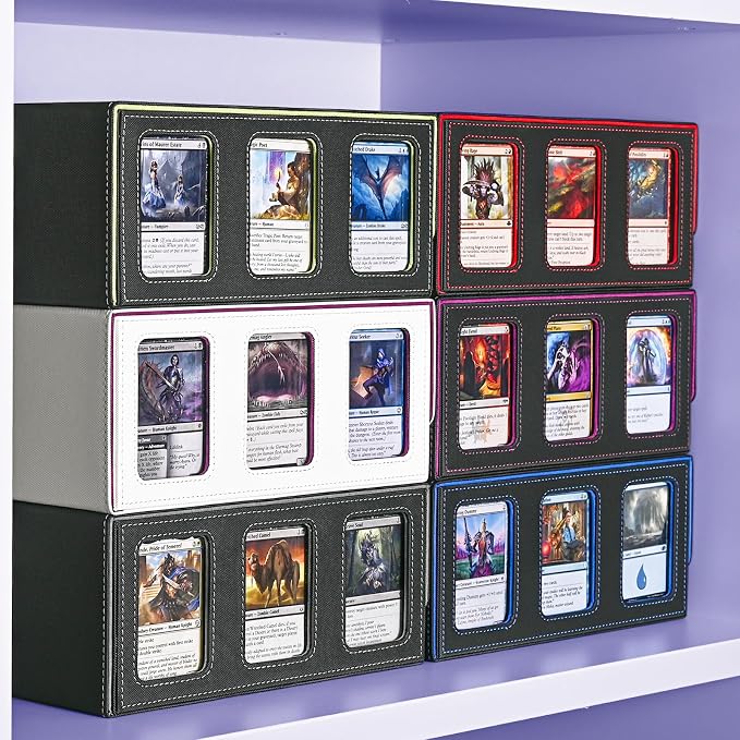 UAONO Card Storage Box for Trading Cards, 1800+ Commander Deck Box for MTG with Display Window, Toploader Card Case fits Magic TCG PTCG Sports Cards; 10 Removable Divider, 3 Stoppers (Black, Purple)