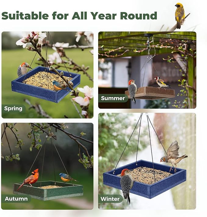 Kingsyard WPC Composite Platform Bird Feeder for Outside, Heavy Duty Hanging Tray for Mealworms & Seeds, 3.5 lbs Large Capacity, Weatherproof Recycled Plastic Material, Easy to Clean, Brown