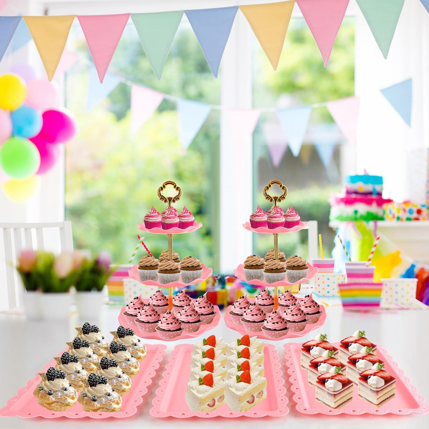 6 Pcs Cupcake Stand Set - Pink Plastic Dessert Table Display Set, 2X Pink Round 3 Tier Cupcake Display Stands Cookie Tray Rack Serving Tower & 4X 14 in Plastic Trays for Wedding Baby Shower Tea Party