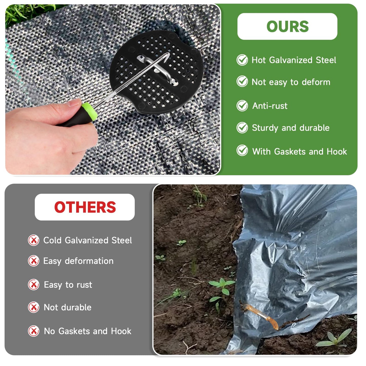 JELNER Garden Stakes,6 Inch 11 Gauge 200pcs Galvanized Landscape Staples and 200pcs Gaskets +1Pick Hook, Tent Stakes Landscaping Fabric SOD Pins for Weed Fabric Barrier,Groud Cover,Fence