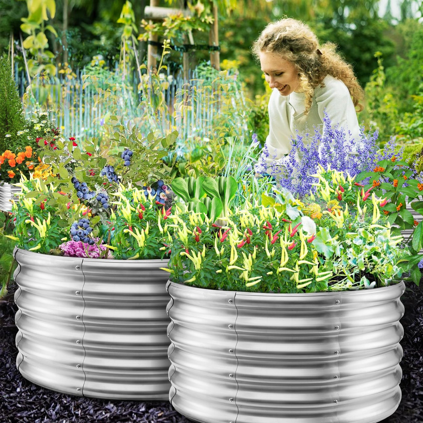 YSEJOMP 17" Tall Round Outdoor Garden Raised Garden Bed Kits-0.8MM Thick Metal Raised Planter Bed/Ground Planter Box for Variety of Flowers,Herbs,Vegetables,Trees (Silver, 32 Dia X 16.5 inches)