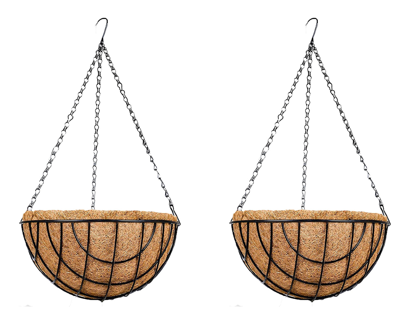 Deepthi Hanging Planter Baskets with Coco Coir Liners – Pack of 2 Metal Wire Flower Pots with Chains – Indoor Outdoor Porch Patio Garden Hanging Decor for Plants, Flowers, Herbs (12 inch)