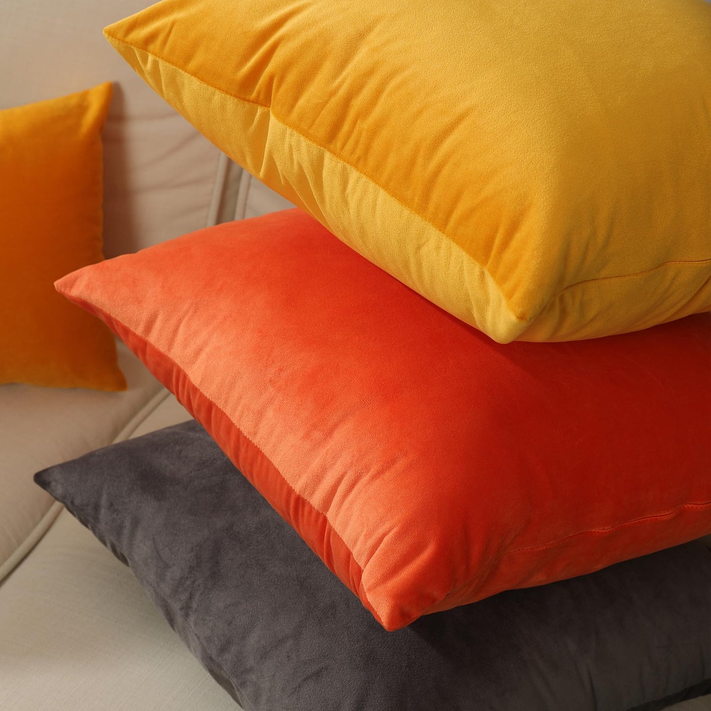 Stellhome Soft Fall Velvet Throw Pillow Covers Square Halloween Decorative Cushion Covers for Bed Couch Sofa Bench, 18 x 18 inch (45 x 45 cm), Orange, Pack of 2