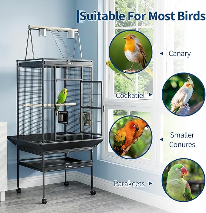 Garvee 68" h Large Bird Cage, Rolling Play Top Parakeet Cage, Big Bird Cages for Parrots, Parakeets, Cockatiels, Conures, Budgie, Lovebird