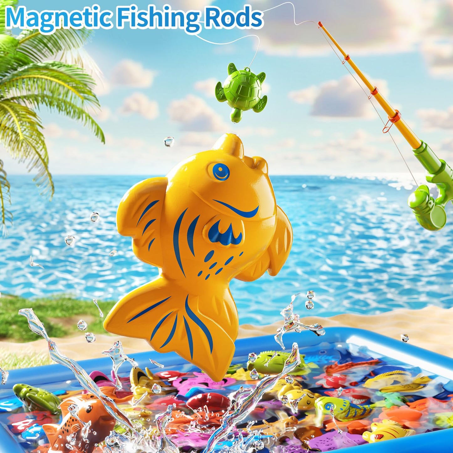PEADUCK Magnetic Fishing Game Pool Toys Set for Kids 3-5, Water Table Bathtub Toys with Inflatable Pool Pole Rod Net Plastic Floating Fish, Outdoor Toys for Kids Boys Girls Age 3 4 5 6 7 8 Year Old