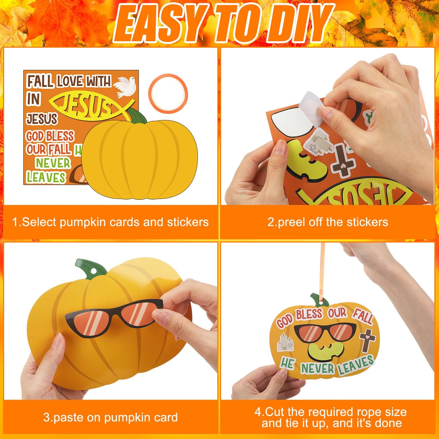 Frienda 48pcs Thanksgiving Pumpkin Craft Kit Christian Fall Jesus Pumpkin Cross Hanging Ornaments with Ribbons Halloween DIY Religious Faith Crafts for Sunday School Party Home Activities