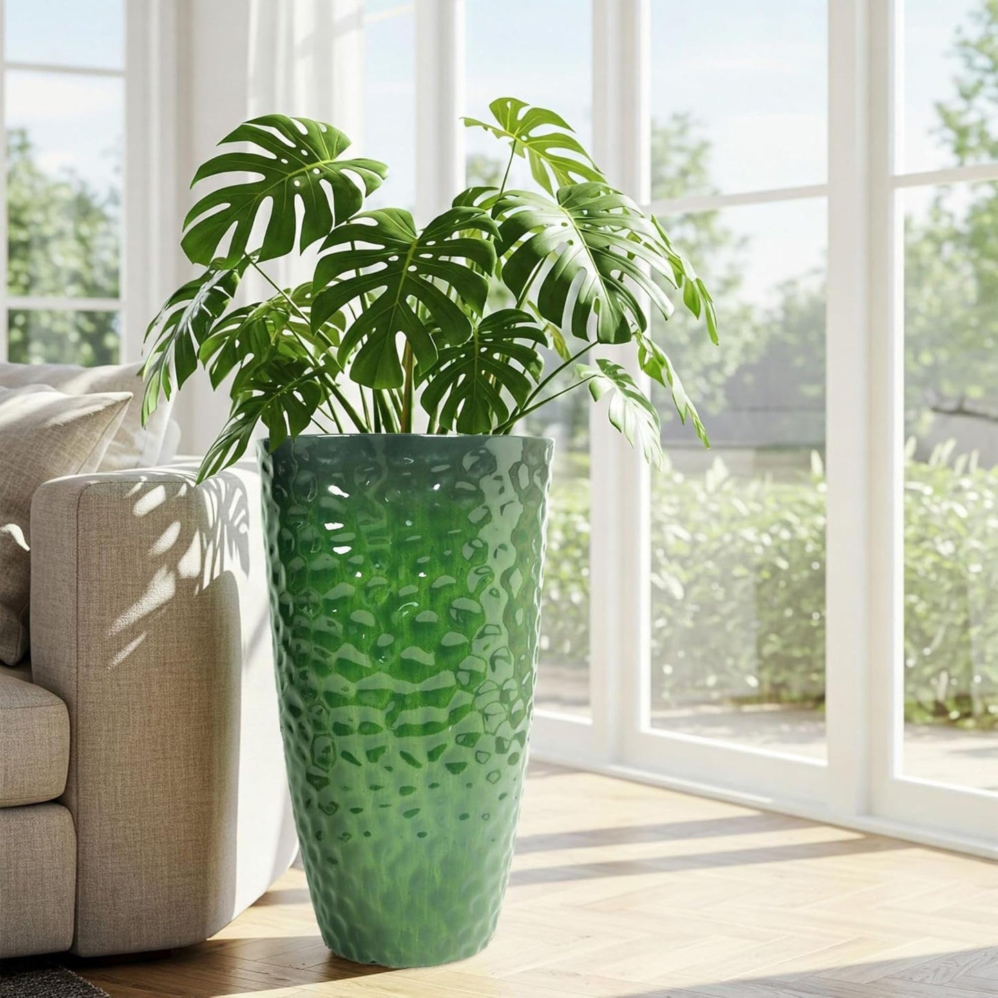 Worth 2 Pack 24" Tall Large Plastic Planter with Drainage Hole, Round Decorative Flower Plant Pit for Indoor or Outdoor Gardening, Glossy Green