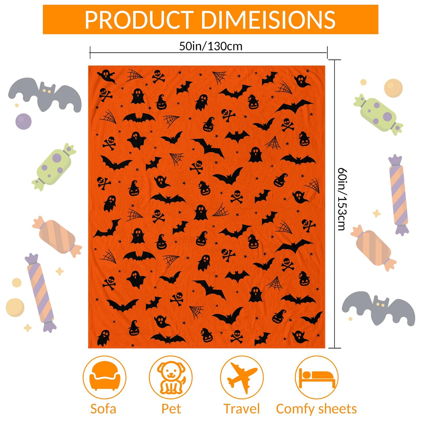 Halloween Throw Blanket Ultra Soft Skull Ghost Bat Flannel Blanket, Cozy Warm Lightweight Gift for Adults Kids, Machine Washable Couch Bed Blankets 60x50in