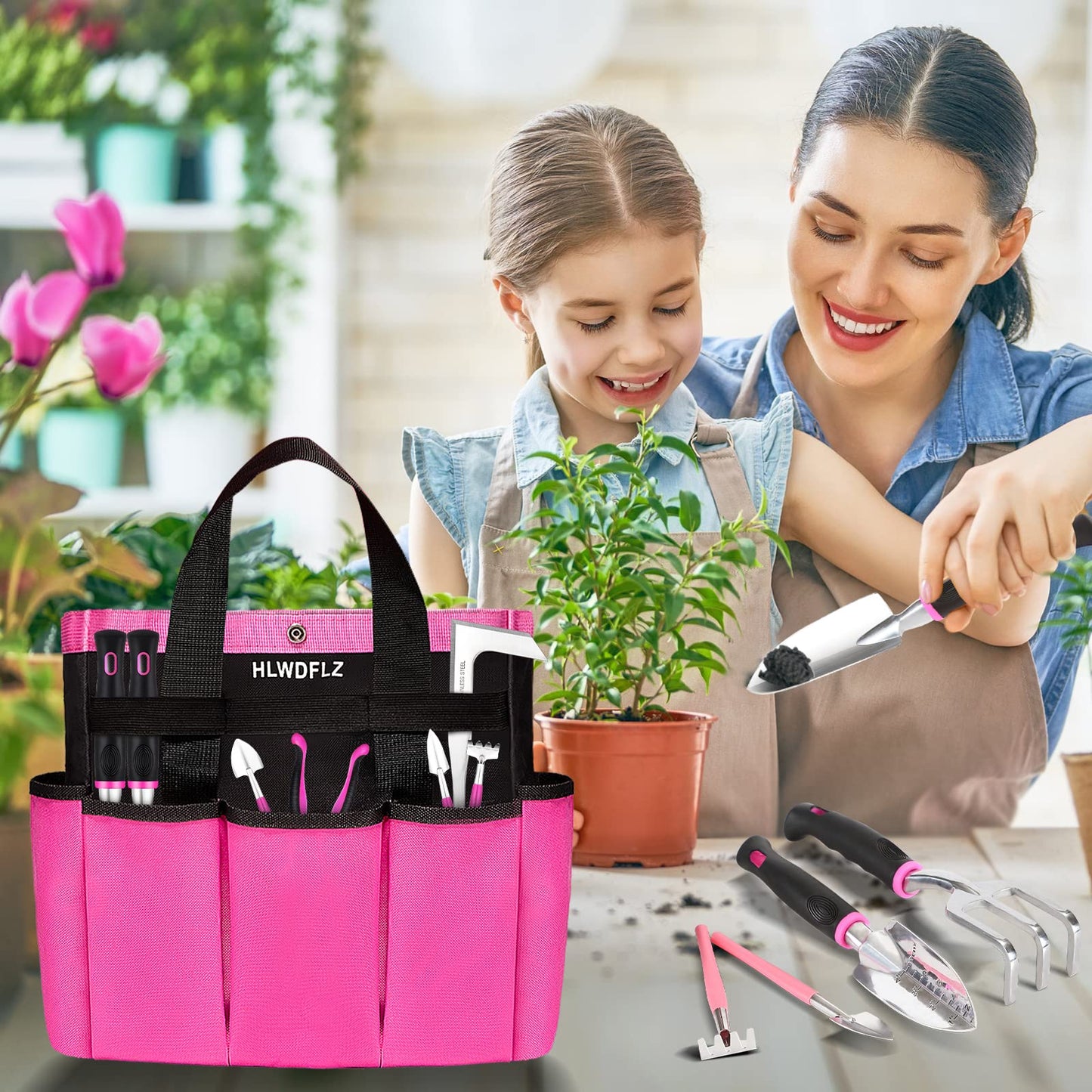 HLWDFLZ Pink Garden Tool Set Gardening Items for Women - 24PCS Heavy Duty Garden Tools with Detachable Storage Bag, Succulent Tool Set, Weeder