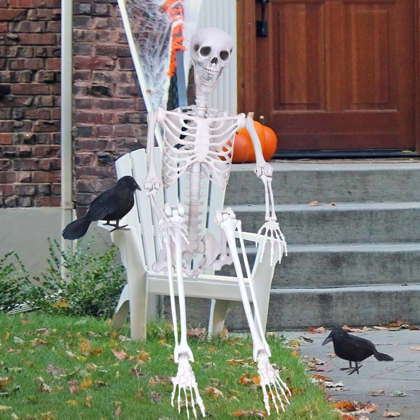 Wocst 6Ft Life Size Skeleton Posable Skeleton with Movable Joints Halloween Full Body Plastic Human Bones with 2PCS Black Crows for Halloween Indoor Outdoor Decor