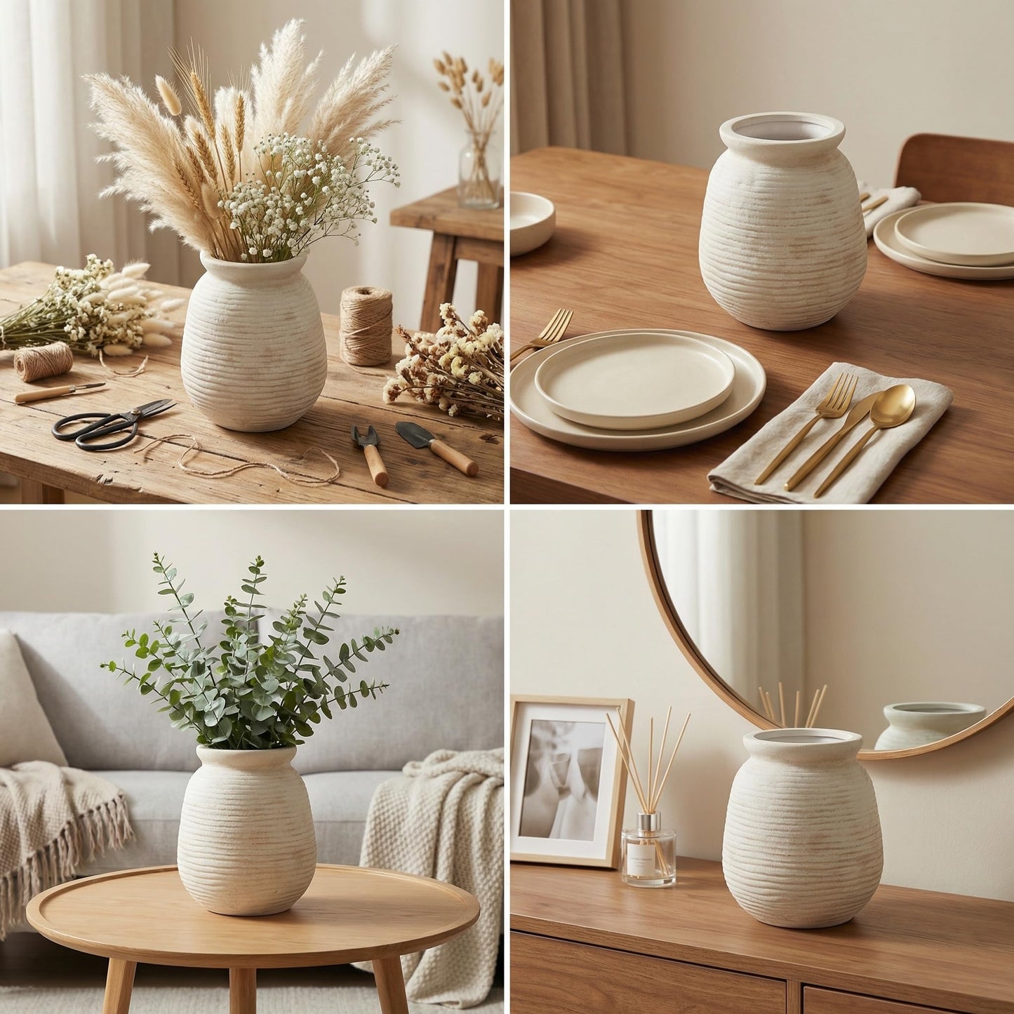 Sawoake Rustic Terracotta Pot, 7 Inch Short Farmhouse Vase with Weathered Texture Off-White, Boho Home Decor for Pampas Grass, Tabletop, Mantel and Shelf Styling