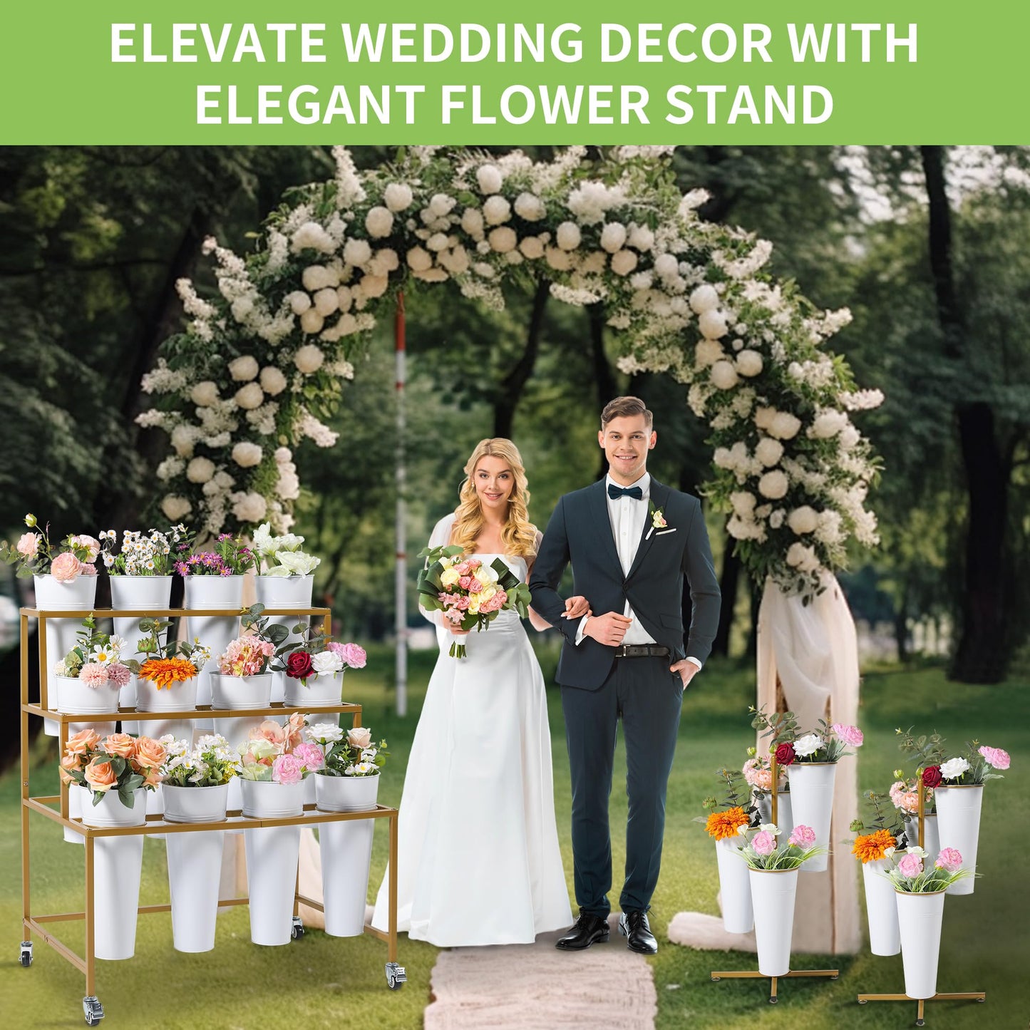 Ruifabo Flower Cart Display Stand, 3 Layers Metal Flower Bar Stand with 360° Swivel Wheels and Brake, Flower Display stand with Iron Buckets, Durable than Plastic Buckets, Flower Holder for Florist or Wedding