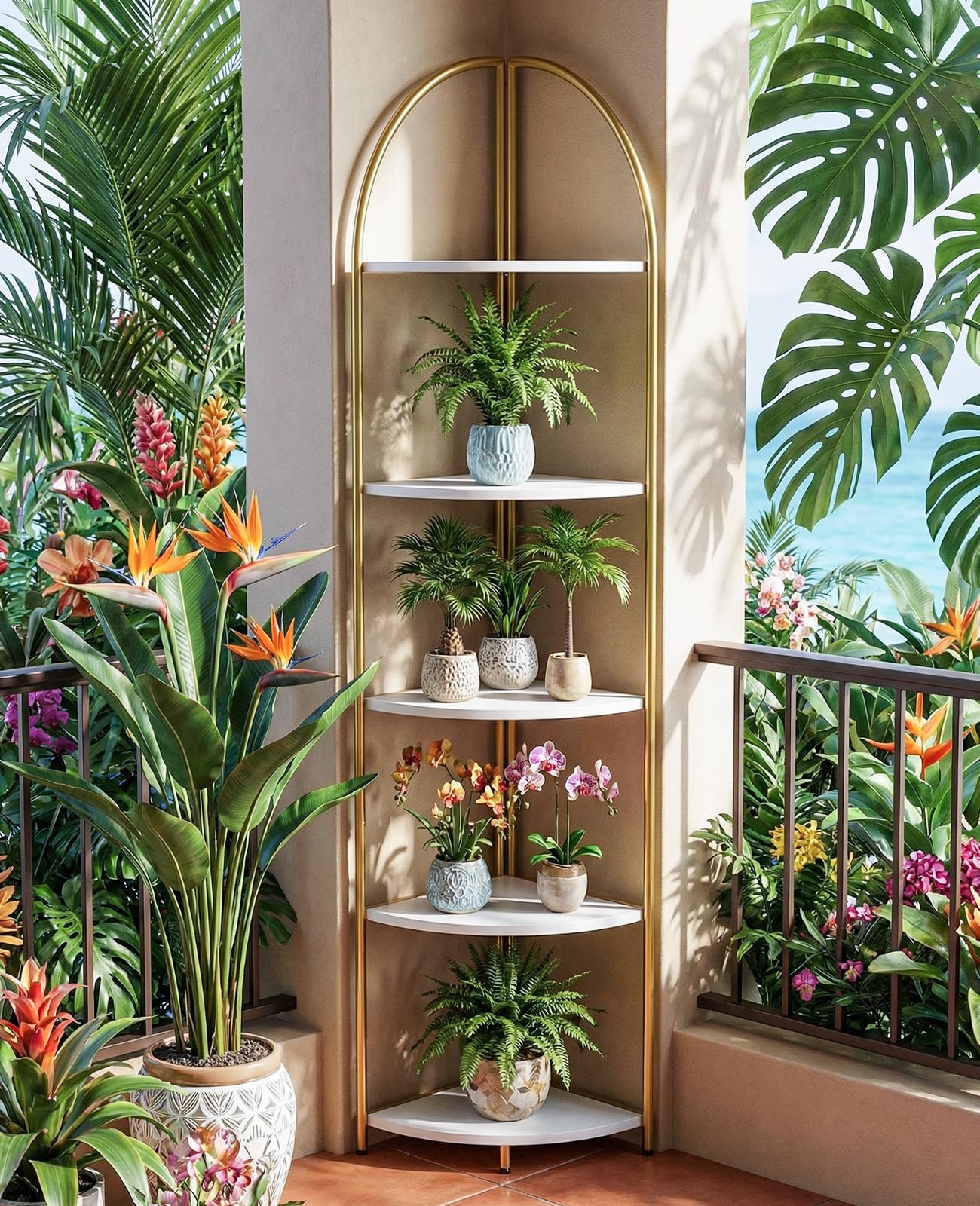 Rifoer 5 Tier Corner Shelf, Luxury Gold Corner Plant Stand with White Wood Shelves,Modern Metal Corner Bookshelf Display Rack,Premium Corner Storage Shelving Unit for Living Room,Bedroom,Bathroom