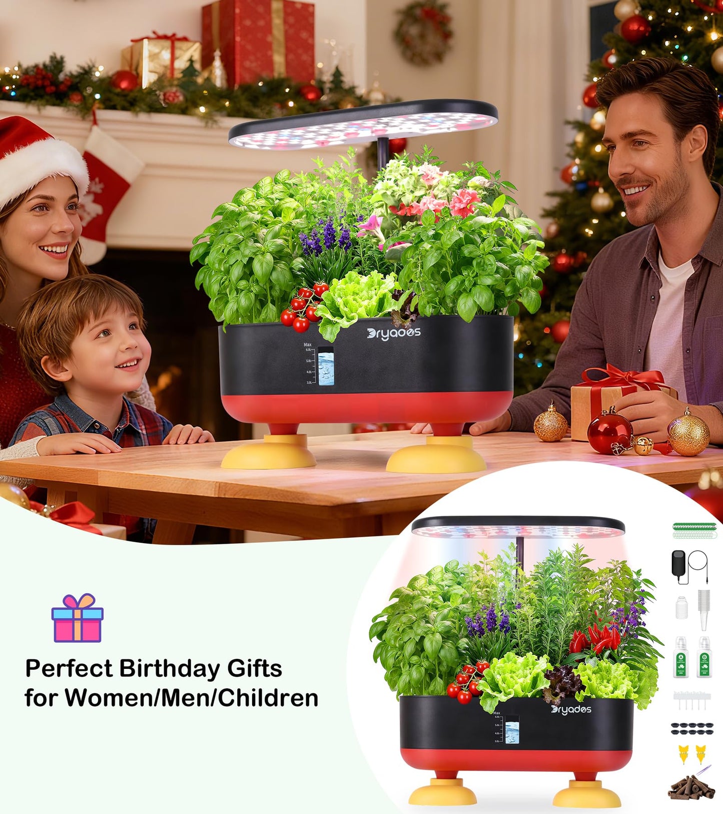 DRYADES 16 Pods Hydroponic Growing System, Indoor Garden with 24W Full-Spectrum LED, Smart Quiet Auto-Watering Herb Planter, Classic Red-Black Gift Design for Home, Office & Holiday