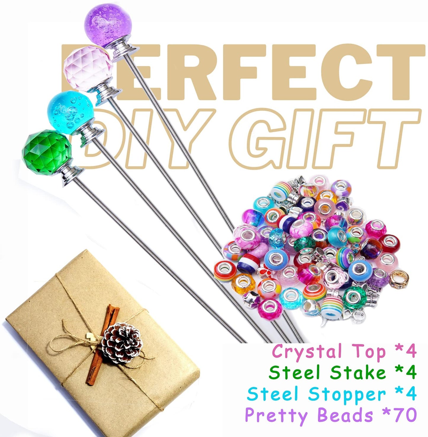 Handmade Beaded Garden Stakes – Set of 4 Decorative Crystal Plant Wands, Glass Suncatcher Ornaments for Potted Plants & Flower Beds, Unique Garden Gifts for Plant Lover & Mother’s Day – 12 Inch