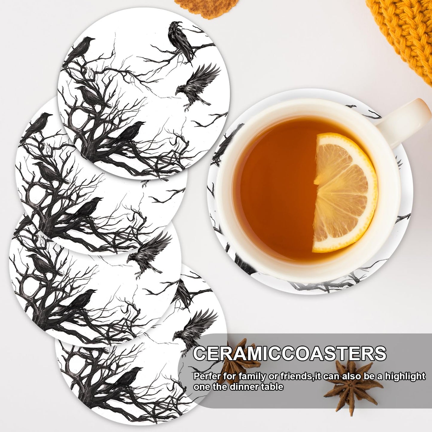 6Pcs Halloween Coasters with Holder Silhouette Tree Crows Drink Coasters Branches Black Ceramic Cup Mats for Party Home Office Table Decor
